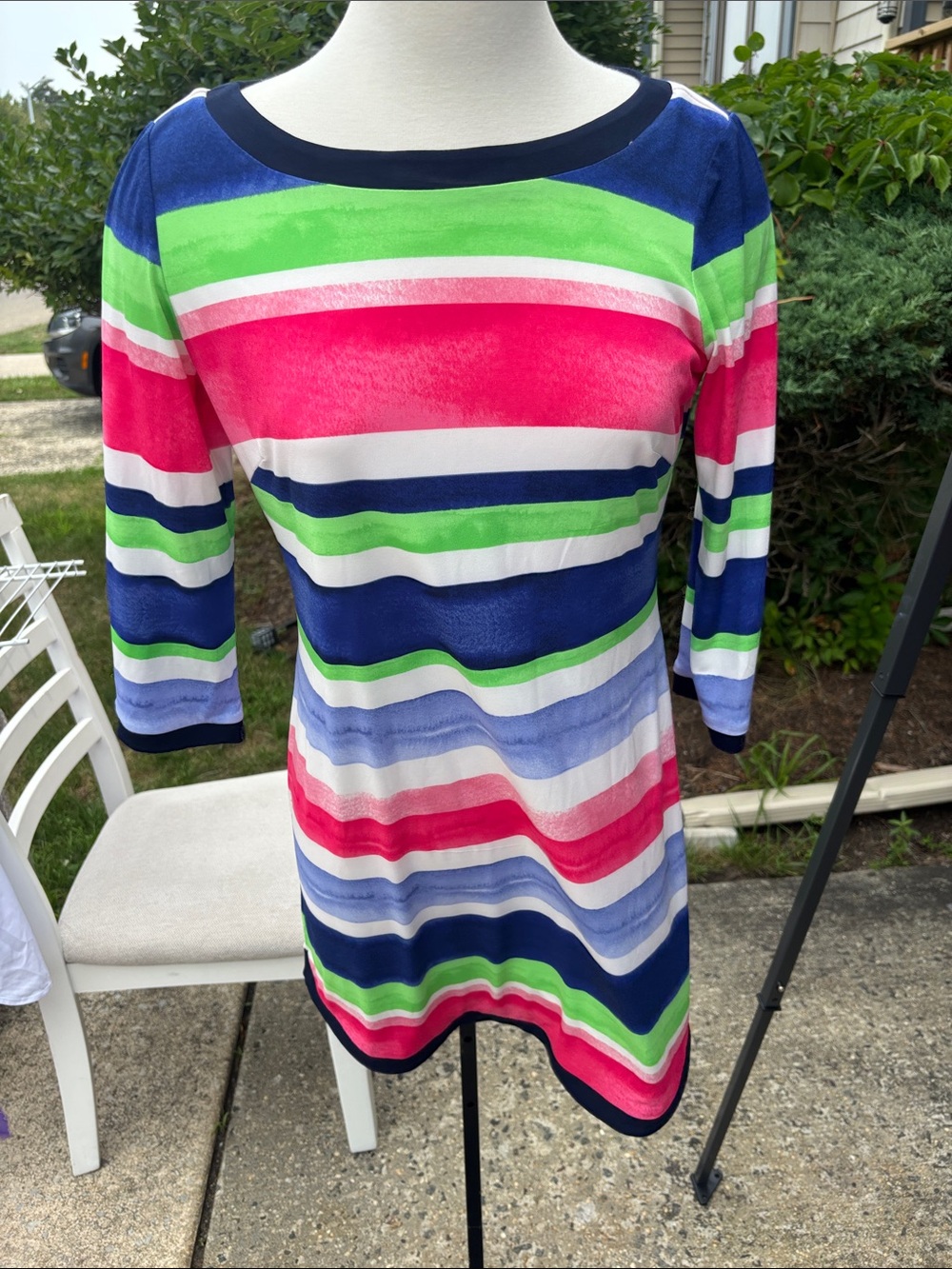 Vince Camuto Neon Striped Boatneck Dress - Pink, Green, Blue, White